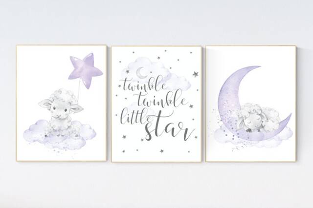 Purple Sheep Nursery Prints Lavender Lamb Wall Art - image 1