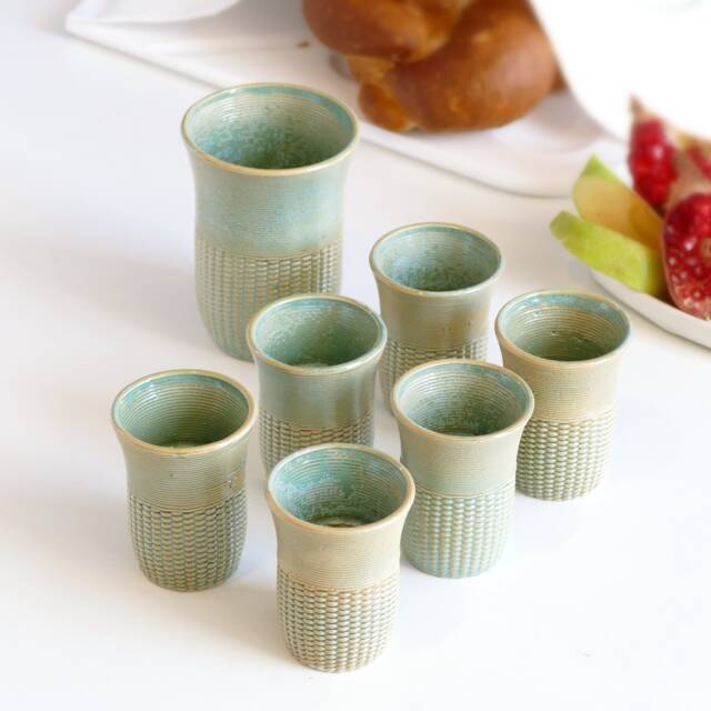 3D Printed Clay Shabbat Set - Mint Glaze Kiddush Cup, Goblets Handmade in Israel - image 1