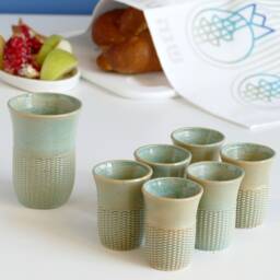 3D Printed Clay Shabbat Set - Mint Glaze Kiddush Cup, Goblets Handmade in Israel - thumbnail 3