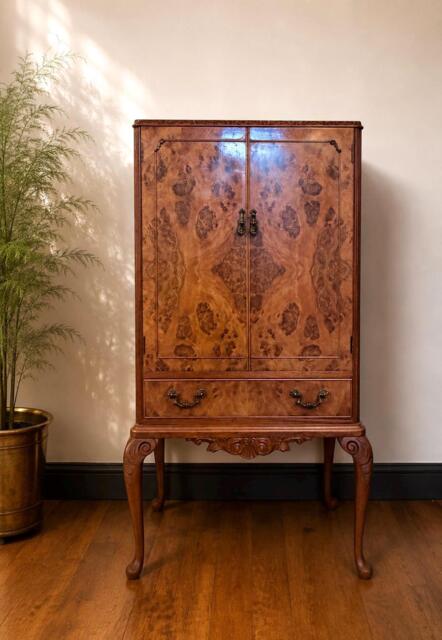 Vintage Queen Anne Burr Walnut Drinks Cabinet - Bespoke Home Bar Furniture - image 1