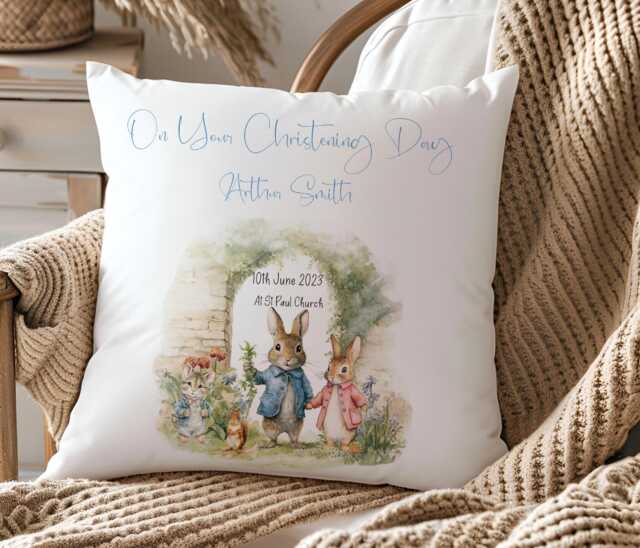 Christening Twins Bunny Print Pillow, Spring Rabbit Design Baptism Cushion - image 1