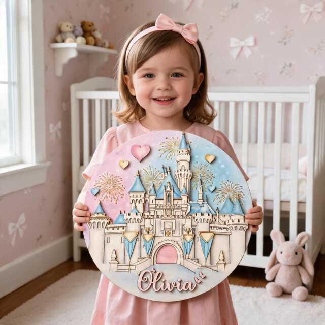 Personalized Princess Castle Wooden Name Sign, Custom Baby Girl Door Fairy Tale Nursery Wall Decor, Sign - image 1