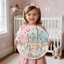 Personalized Princess Castle Wooden Name Sign, Custom Baby Girl Door Fairy Tale Nursery Wall Decor, Sign - thumbnail 1