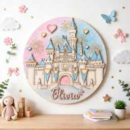 Personalized Princess Castle Wooden Name Sign, Custom Baby Girl Door Fairy Tale Nursery Wall Decor, Sign - thumbnail 3