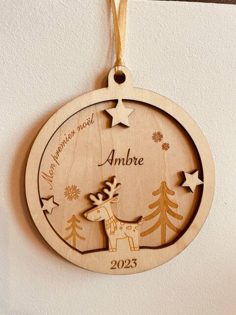 Personalized Wooden Christmas Ball, Ornament, Decoration, Baby's First Christmas, Original Birth Gift - image 1