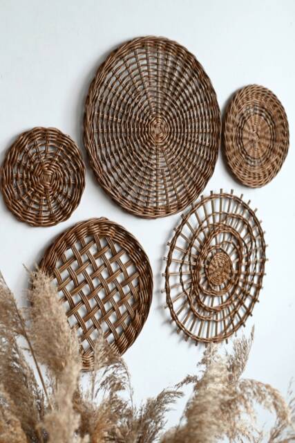 Boho Wicker Basket Wall Decor Set Brown Bohemian Plates - image 1