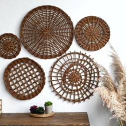 Boho Wicker Basket Wall Decor Set Brown Bohemian Plates - thumbnail 2