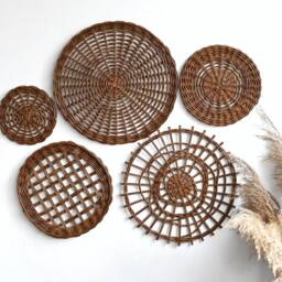 Boho Wicker Basket Wall Decor Set Brown Bohemian Plates - thumbnail 3