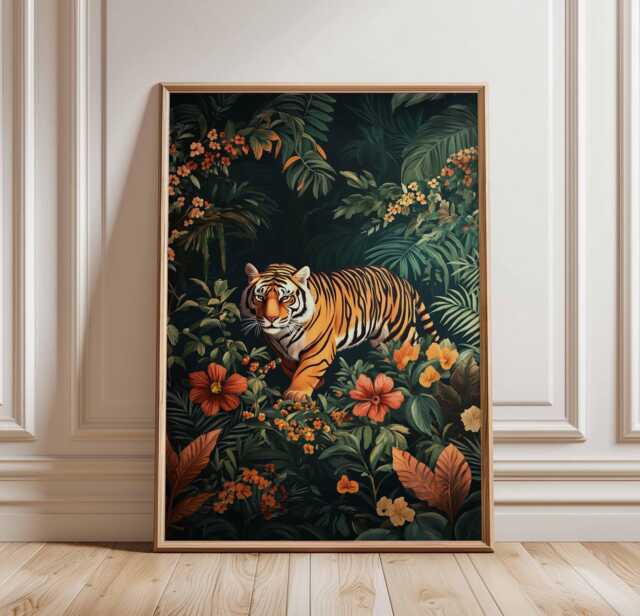 Vibrant Tiger in Tropical Jungle Wall Art - Bold Animal Print, Nature ...