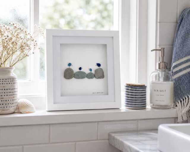 Cornish Blue Sea Glass Birds On Pebbles Picture Framed Coastal Wall Art Birthday Gift Handmade in Cornwall - image 1