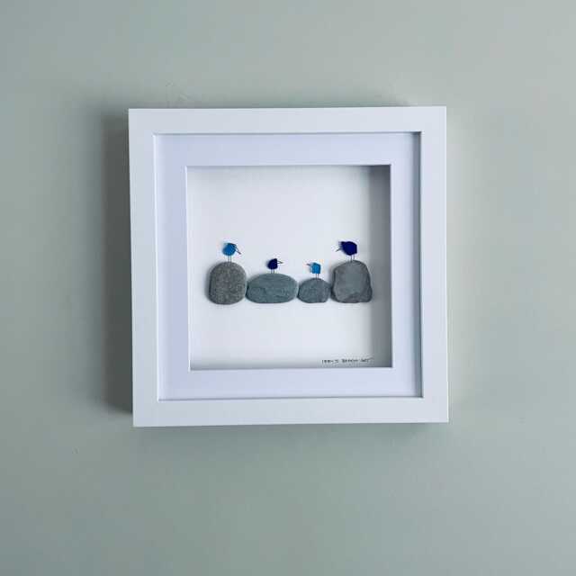 Blue Sea Glass Bird Wall Art - Framed Pebble Picture Handmade in Cornwall - image 1