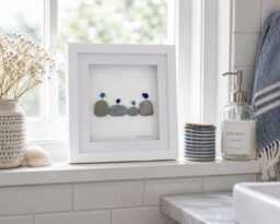Cornish Blue Sea Glass Birds On Pebbles Picture Framed Coastal Wall Art Birthday Gift Handmade in Cornwall - thumbnail 1