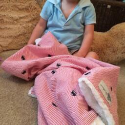 "Red Seersucker Baby Blanket Navy Embroidered Crowns ""King Lewie" - thumbnail 2