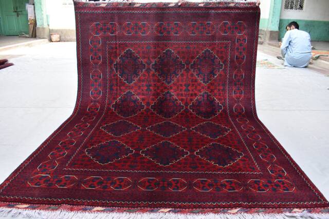 Deep Red & Navy Handmade Geometric Afghan Rug 5x7 Ft - Carpet For Living Room - image 1