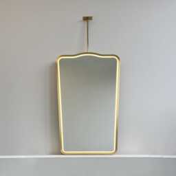 Mid Century Inspired Ceiling Suspended Illuminated Mirror With Brass Frame - Vintage N.4