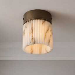 Mid Century Modern Alabaster Flush Mount Ceiling Light - Fluted Brass Luxury Fixture - thumbnail 4