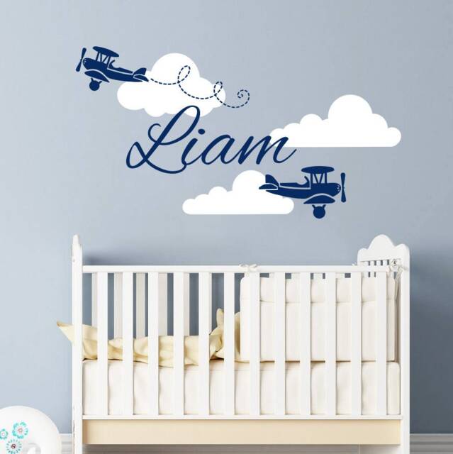 Boy Name Wall Decals Nursery Decor Boys Decal Vinyl Sticker Clouds Biplane Airplane Plane Children Kids Room Art - image 1