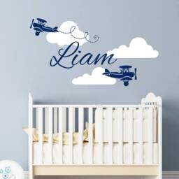 Boy Name Wall Decals Nursery Decor Boys Decal Vinyl Sticker Clouds Biplane Airplane Plane Children Kids Room Art - thumbnail 1