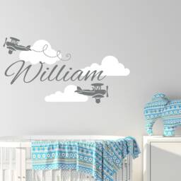 Boy Name Wall Decals Nursery Decor Boys Decal Vinyl Sticker Clouds Biplane Airplane Plane Children Kids Room Art - thumbnail 2
