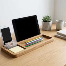 Oak Wood Desk Organizer Tablet & Phone Stand, Valet Tray, Catchall Caddy - thumbnail 2