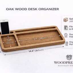 Oak Wood Desk Organizer Tablet & Phone Stand, Valet Tray, Catchall Caddy - thumbnail 3