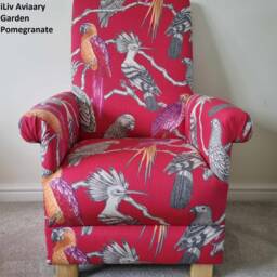Handcrafted Adult Aviary Fabric Armchair Tropical Bird Print, Teal & Navy Pink Chair Jungle Nursery - thumbnail 3