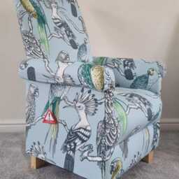 Handcrafted Adult Aviary Fabric Armchair Tropical Bird Print, Teal & Navy Pink Chair Jungle Nursery - thumbnail 4
