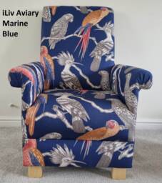 Handcrafted Adult Aviary Fabric Armchair Tropical Bird Print, Teal & Navy Pink Chair Jungle Nursery
