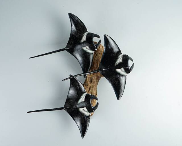Black Manta Ray Trio Wall Statue, Hanging Sculpture, Handcrafted, Wooden Art, Artwork, Painted, Unique, Ocean Decor, Nautical, Wife Gift - image 1
