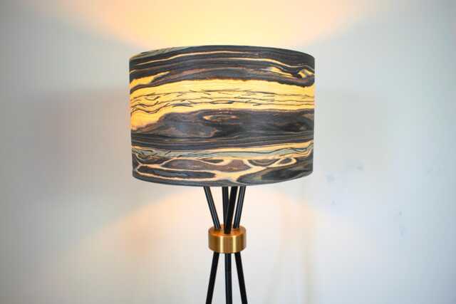 Large 40cm Marble Wood Veneer Grain Pattern Drum Lamp Shade For Floor Or Table Lamp, Dark Grey & Beige Classy Striped Round Light - image 1