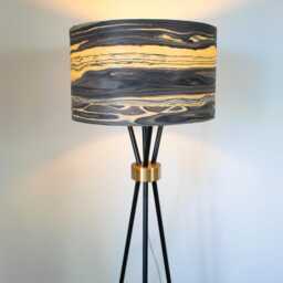 Large 40cm Marble Wood Veneer Grain Pattern Drum Lamp Shade For Floor Or Table Lamp, Dark Grey & Beige Classy Striped Round Light - thumbnail 2
