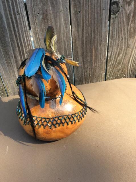 Gourd Art, With Beads, Autumn Decor, Feather Powwow Inspired, Dancer, Us Made, Tribal Earth Based, Home Decoration - image 1