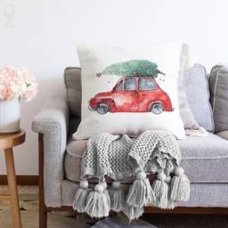 Christmas Tree Red Car Velvet Cushion Cover Double-Sided Print, Multi Size Option - thumbnail 2