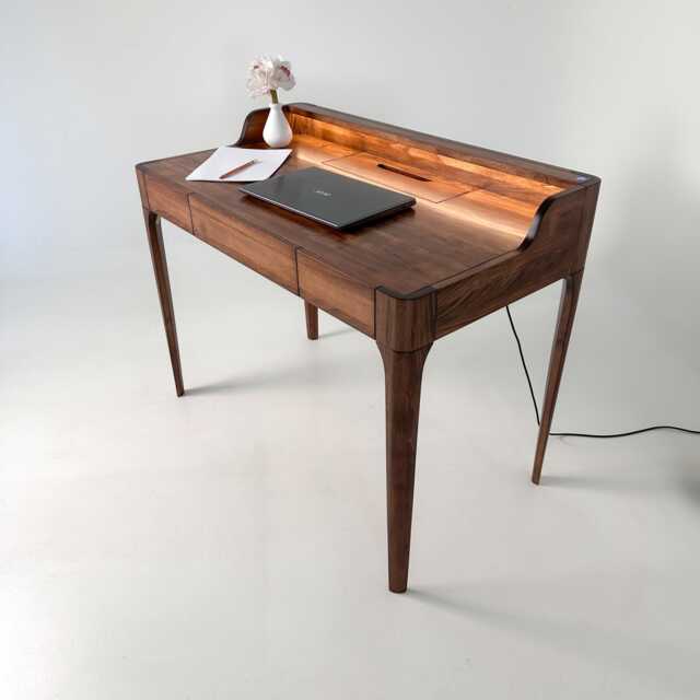 Handmade Walnut Writing Desk With Led Light, Adjustable Brightness, Minimalist Wooden Office Drawer & Wire Organizer Slot - image 1
