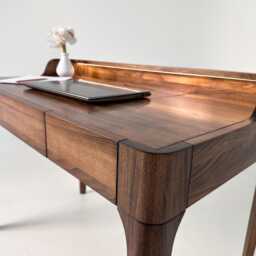 Handmade Walnut Writing Desk With Led Light, Adjustable Brightness, Minimalist Wooden Office Drawer & Wire Organizer Slot - thumbnail 4