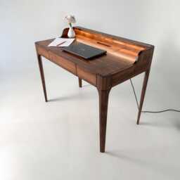Handmade Walnut Writing Desk With Led Light, Adjustable Brightness, Minimalist Wooden Office Drawer & Wire Organizer Slot