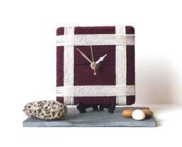Burgundy Desk Clock - Maroon & Cream Square Wool Anniversary Gift - thumbnail 1