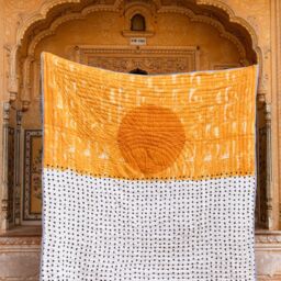 Handmade Twin Quilt, Reversible Yellow Block Print Bedspread With Shams, 100% Cotton Kantha Comforter - thumbnail 2