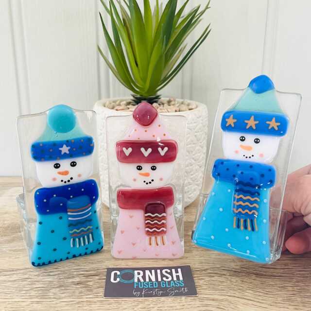 Fused Glass Snowman Candle Holder Christmas Decoration - Cornish Glass, Fused Glass Cornwall - image 1