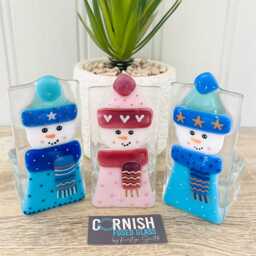 Fused Glass Snowman Candle Holder Christmas Decoration - Cornish Glass, Fused Glass Cornwall - thumbnail 2