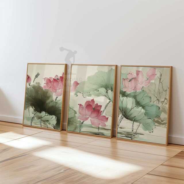 Lotus Flower Wall Art Set Of 3 - Oriental Botanical Print in Green & Pink Zen Nature Artwork Elegant Asian Decor - image 1