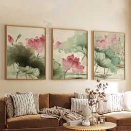 Lotus Flower Wall Art Set Of 3 - Oriental Botanical Print in Green & Pink Zen Nature Artwork Elegant Asian Decor - thumbnail 3