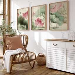 Lotus Flower Wall Art Set Of 3 - Oriental Botanical Print in Green & Pink Zen Nature Artwork Elegant Asian Decor - thumbnail 2