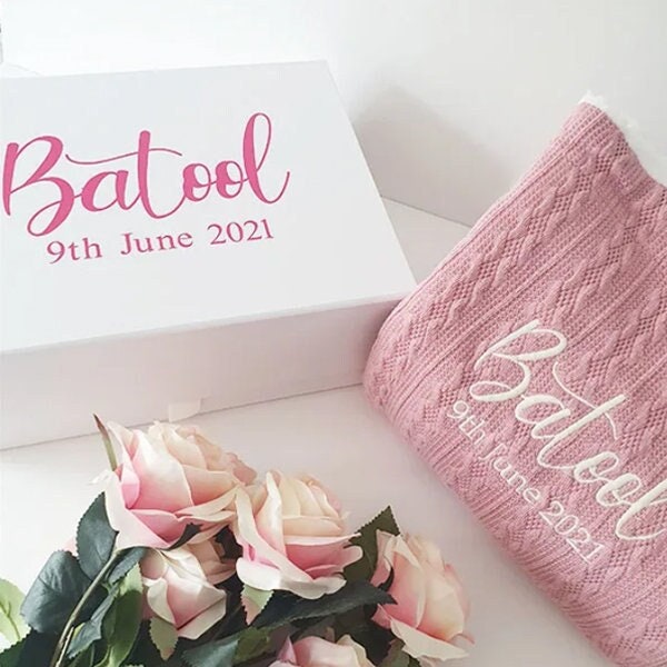 Personalised Baby Blanket & Gift Box - Name Embroidery Cable Knit Wrap - image 1