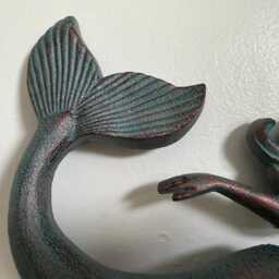 Hanging Cast Iron Mermaid Wall Ornament - Verdigris Solid Metal Sculpture - thumbnail 3