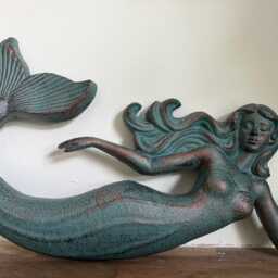 Hanging Cast Iron Mermaid Wall Ornament - Verdigris Solid Metal Sculpture - thumbnail 4