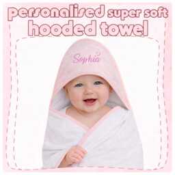 Personalised Baby Hooded Pink Towel Embroidered Name Bathtime Custom Gift C/W Free Wash Cloth - thumbnail 1