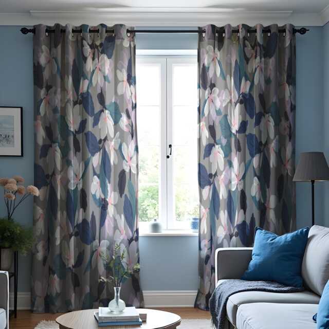 Floral Eyelet Curtains, Grey & Navy Blue Botanical Print Drapes, Soft Watercolor Blossom Window Treatments, Custom Length Panel Curtains - image 1