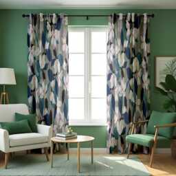 Floral Eyelet Curtains, Grey & Navy Blue Botanical Print Drapes, Soft Watercolor Blossom Window Treatments, Custom Length Panel Curtains - thumbnail 2