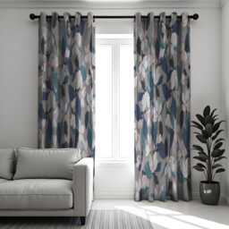 Floral Eyelet Curtains, Grey & Navy Blue Botanical Print Drapes, Soft Watercolor Blossom Window Treatments, Custom Length Panel Curtains - thumbnail 3